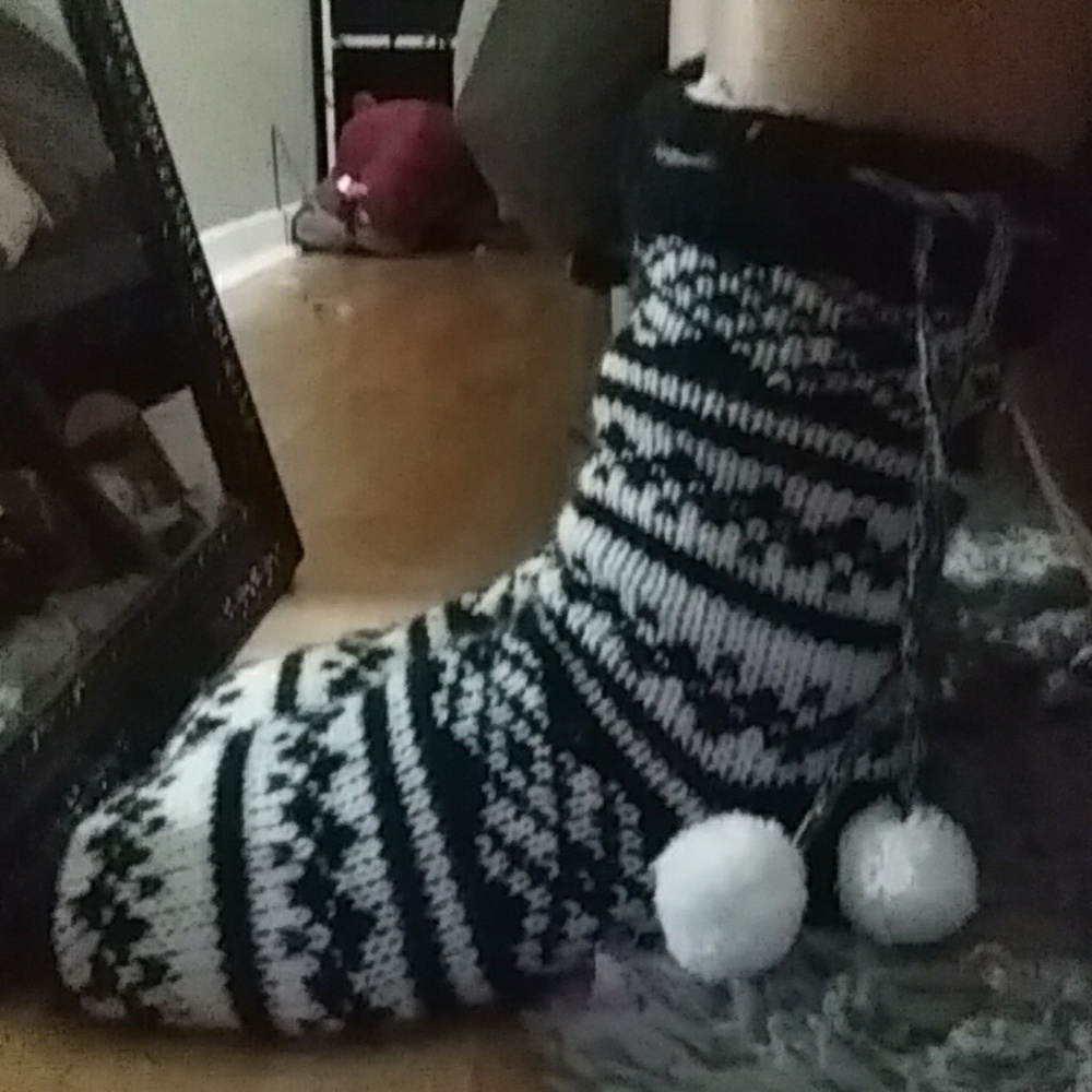 Fuzzy white and black socks